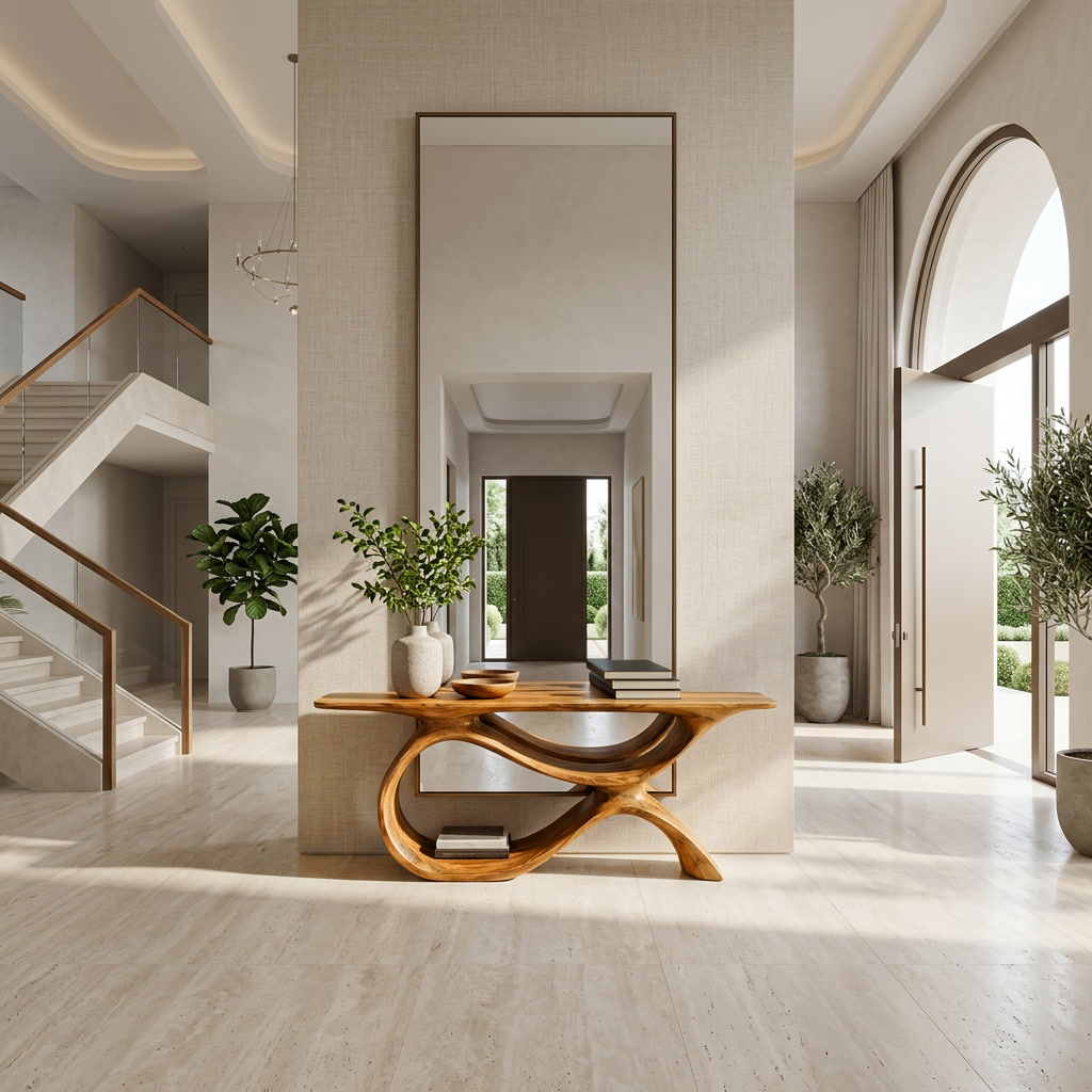 Modern Wooden Console Table With Curved Open Storage For Home - Image 3