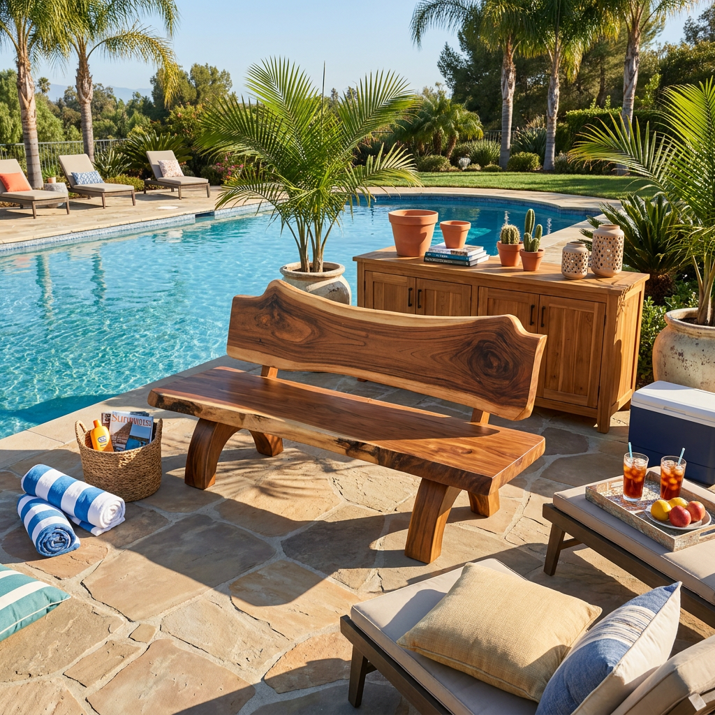 Rustic Live Edge Bench With Backrest For Patio Garden Courtyard - Image 3