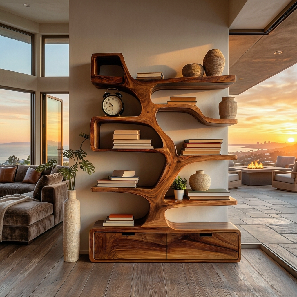 Contemporary Wooden Bookshelf Sculpted Design For Living Space - Image 3