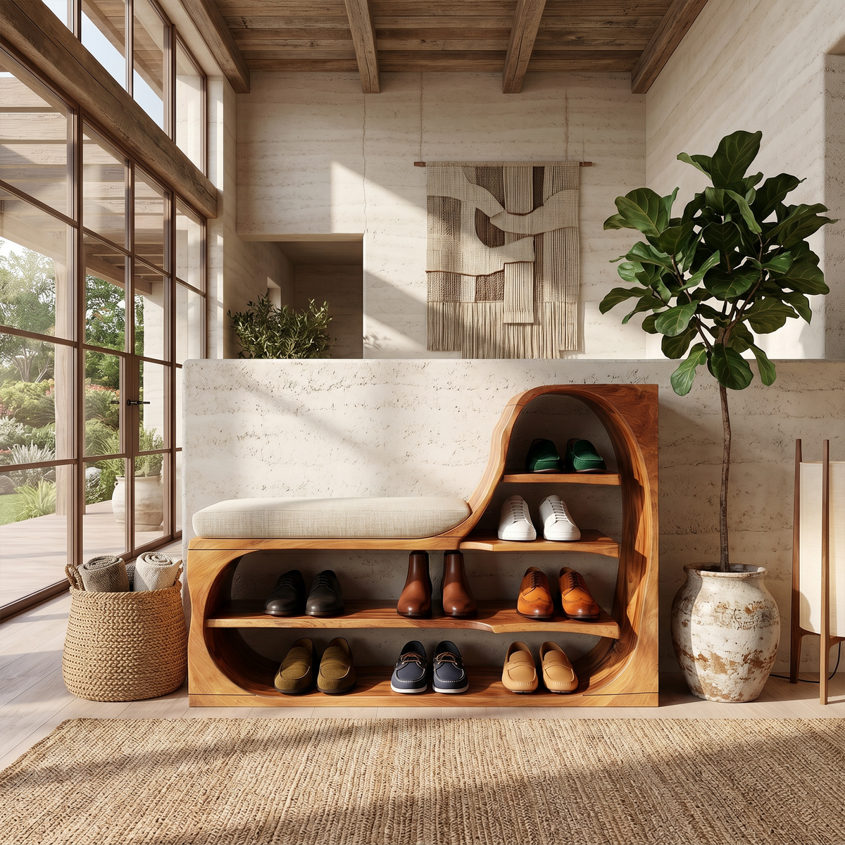 Rustic Shoe Bench Rack For Entryway Hallway Storage Corner - Image 2