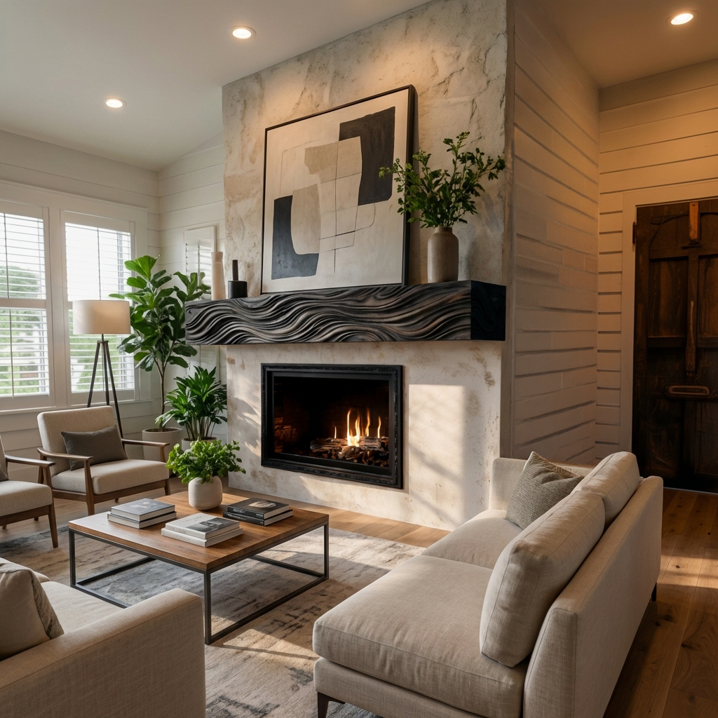 Wooden Fireplace Mantel With Wave Carved For Modern Home Decor - Image 5