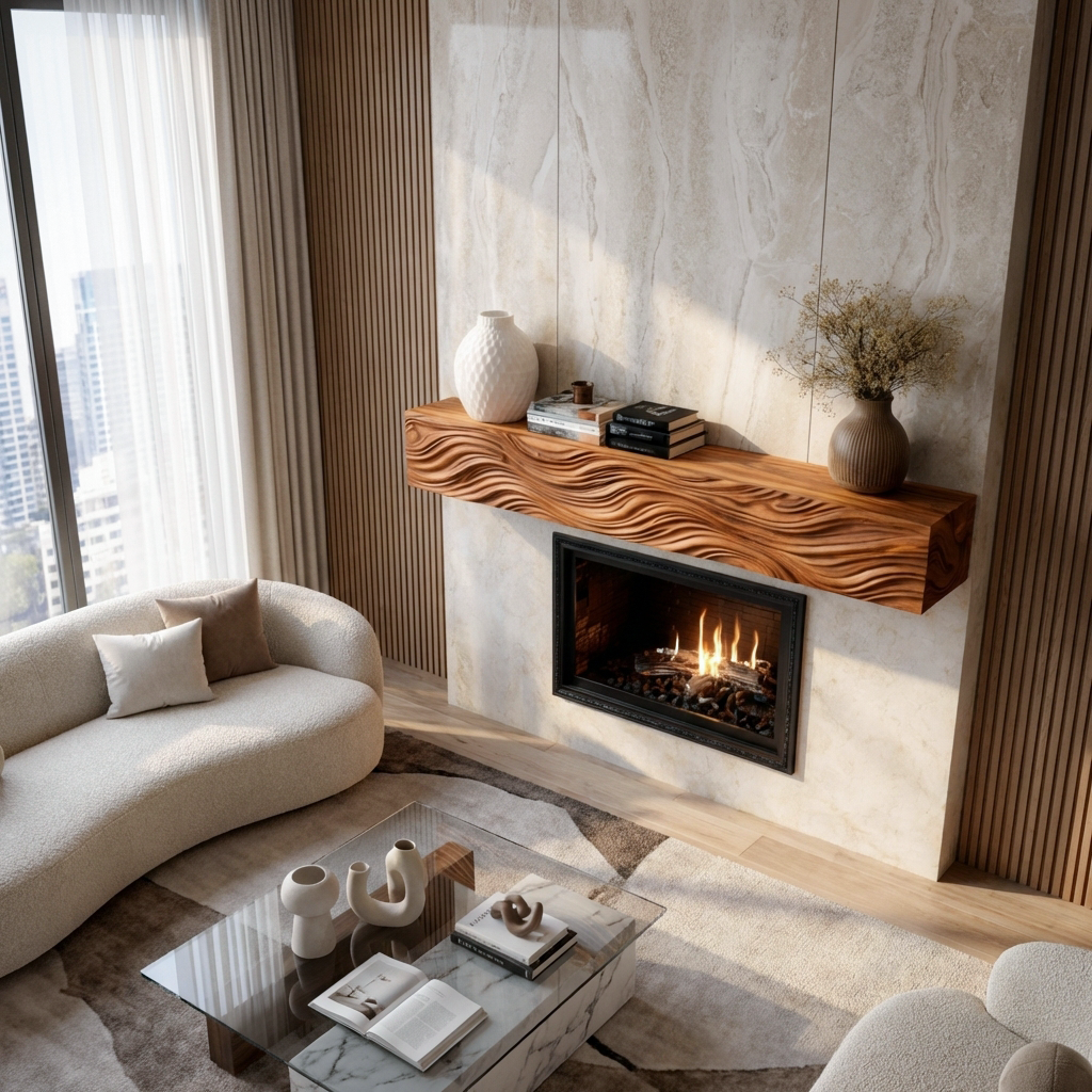 Wooden Fireplace Mantel With Wave Carved For Modern Home Decor - Image 4