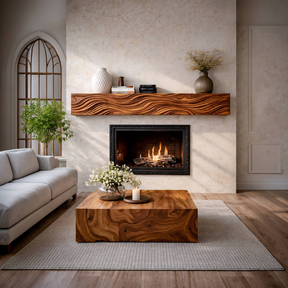 Wooden Fireplace Mantel With Wave Carved For Modern Home Decor - Image 3
