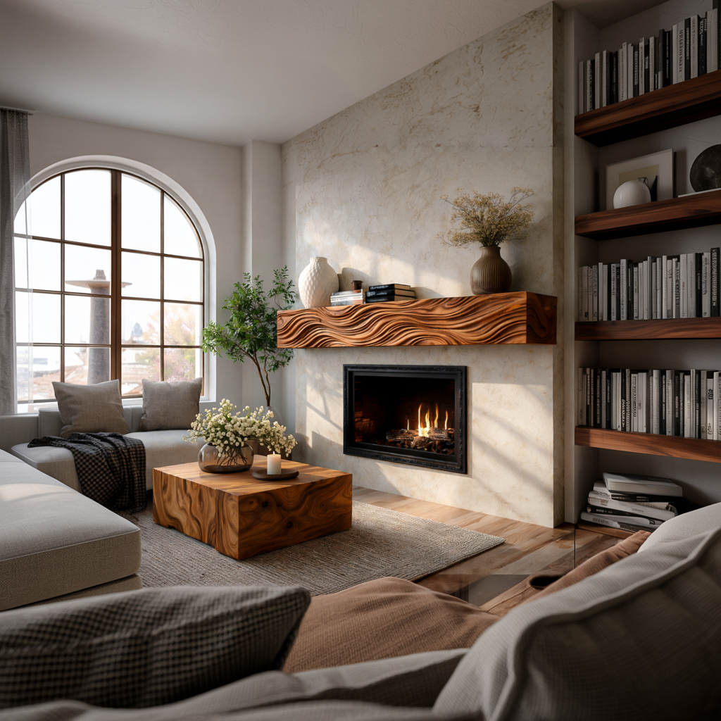 Wooden Fireplace Mantel With Wave Carved For Modern Home Decor - Image 2